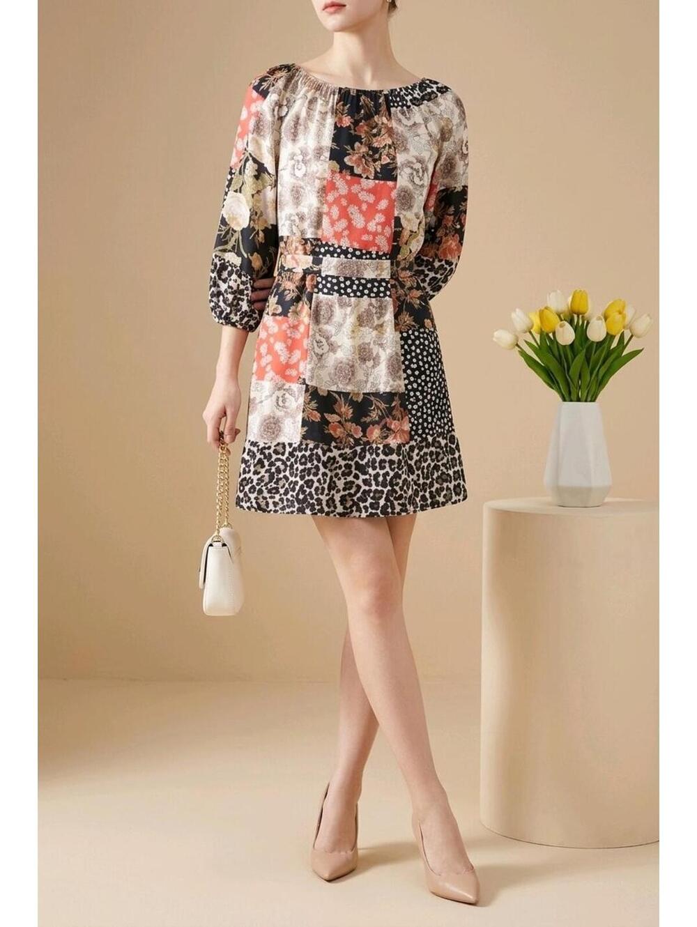 Fig and Flower Multicolor Patchwork Mini Dress Belt Waist 3/4 Sleeve Bohemian  S